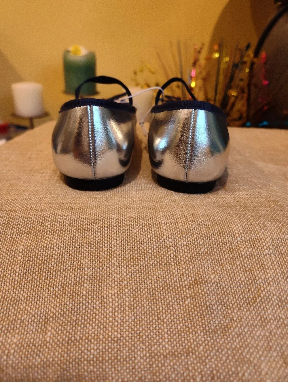 Silver Metallic Ballet Flats with Navy Trim